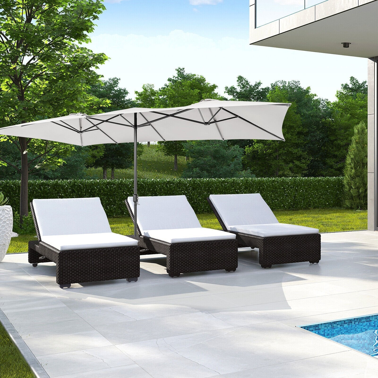 15 Feet Double-Sized Patio Umbrella with Crank Handle and Vented Tops-Beige