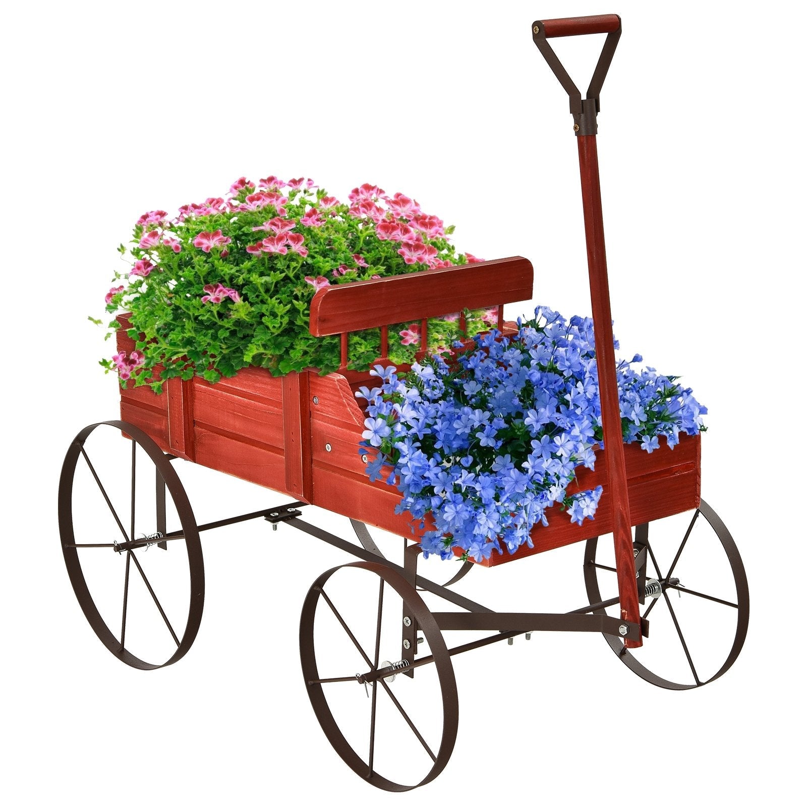Wooden Wagon Plant Bed with Metal Wheels for Garden Yard Patio-Blue