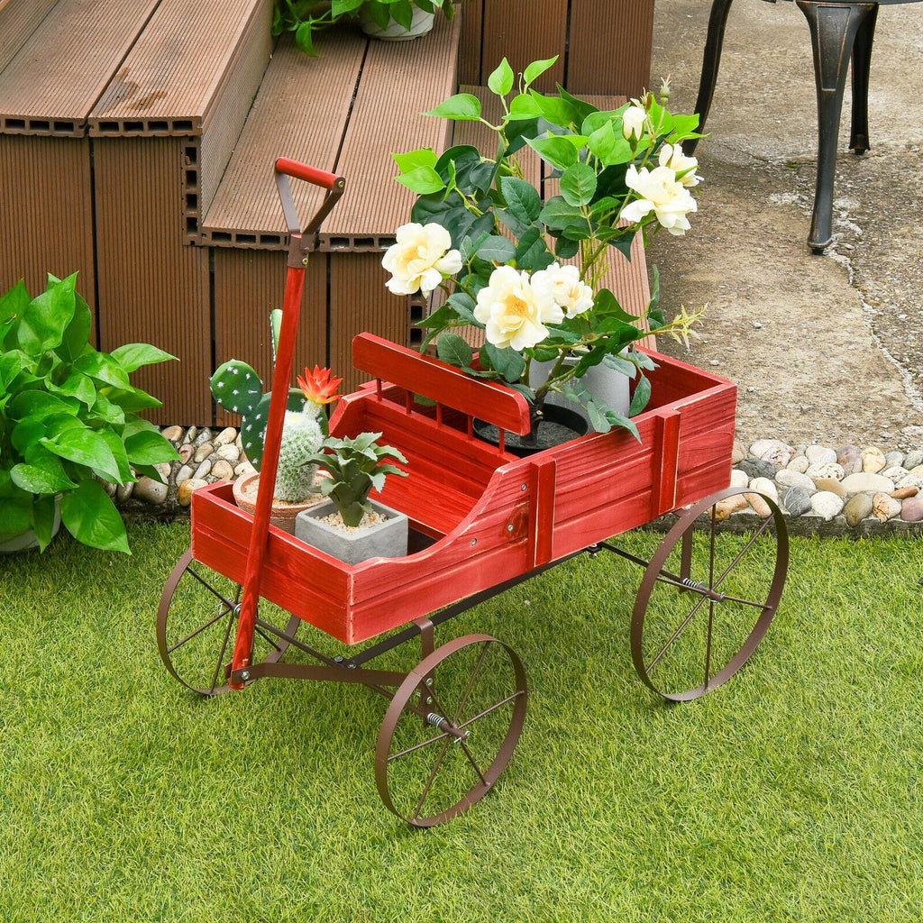 Wooden Wagon Plant Bed with Metal Wheels for Garden Yard Patio-Blue