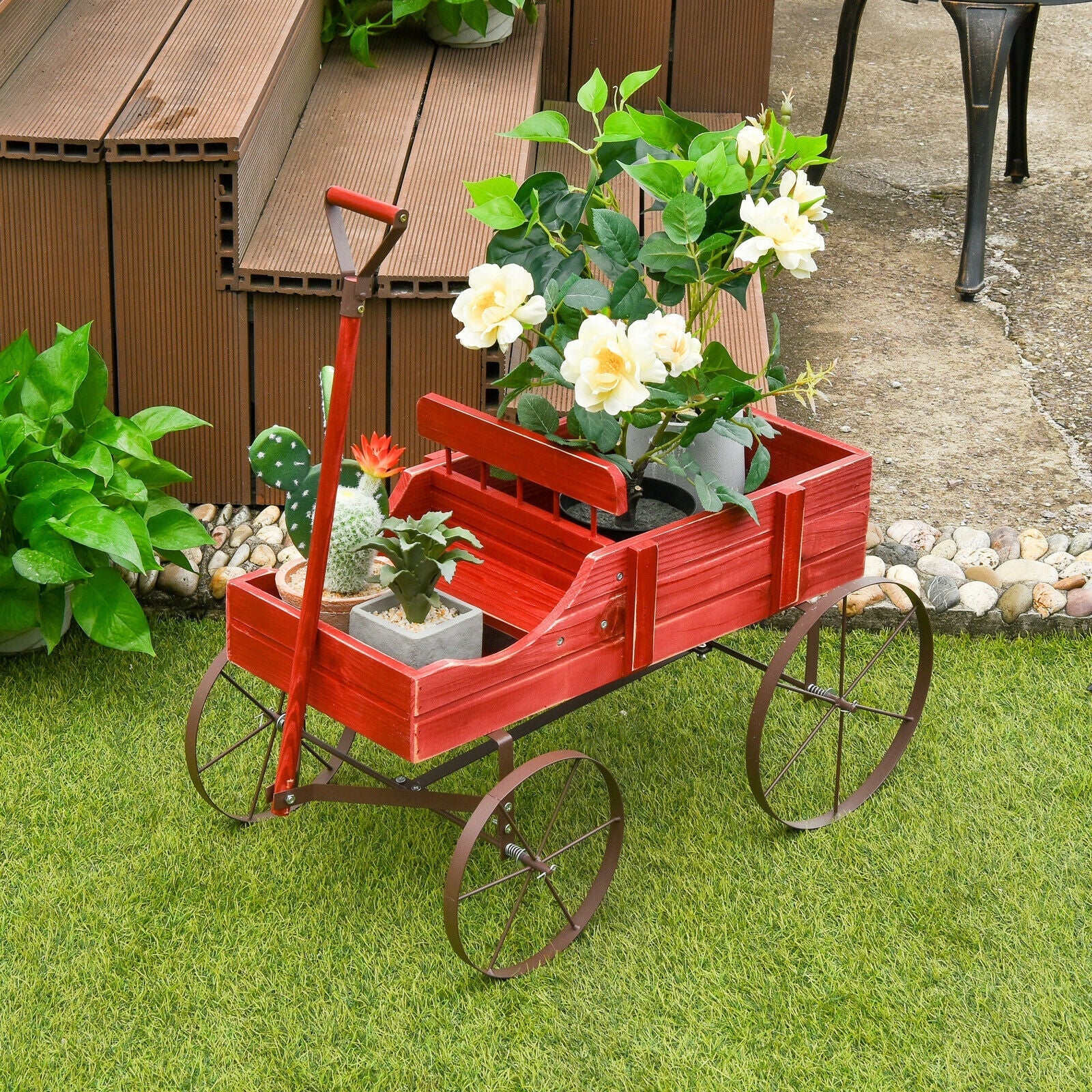 Wooden Wagon Plant Bed with Metal Wheels for Garden Yard Patio-Blue