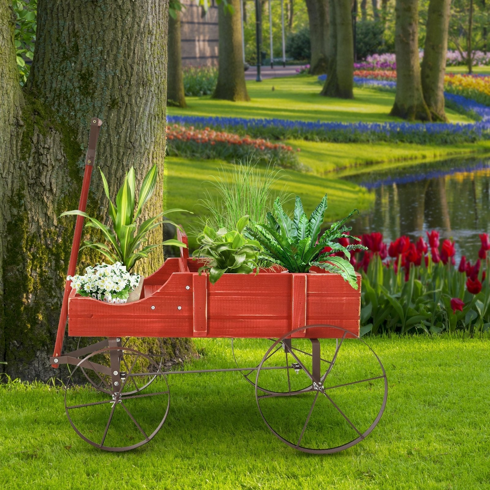 Wooden Wagon Plant Bed with Metal Wheels for Garden Yard Patio-Blue