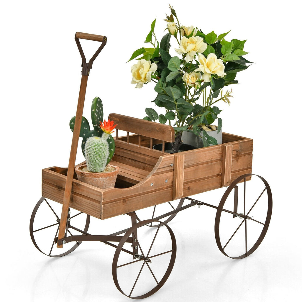 Wooden Wagon Plant Bed with Metal Wheels for Garden Yard Patio-Blue