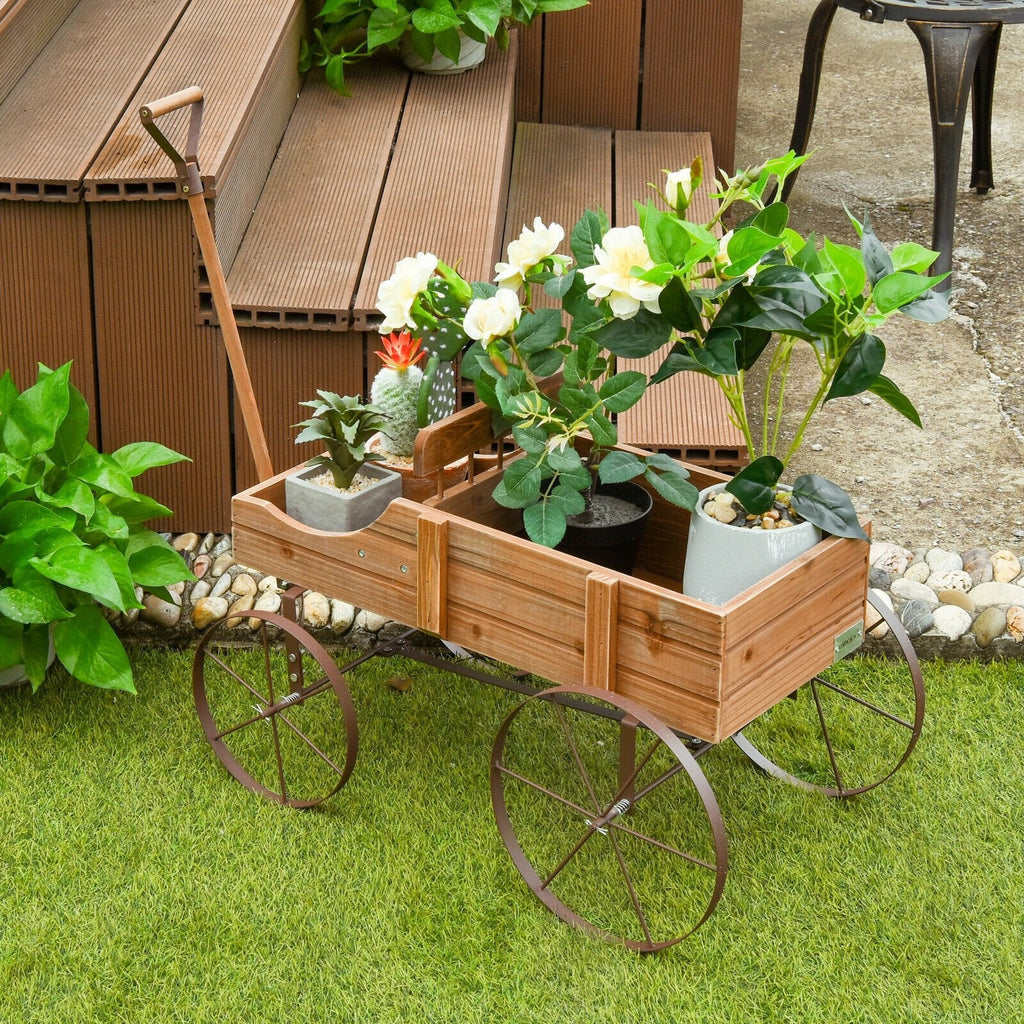 Wooden Wagon Plant Bed with Metal Wheels for Garden Yard Patio-Blue