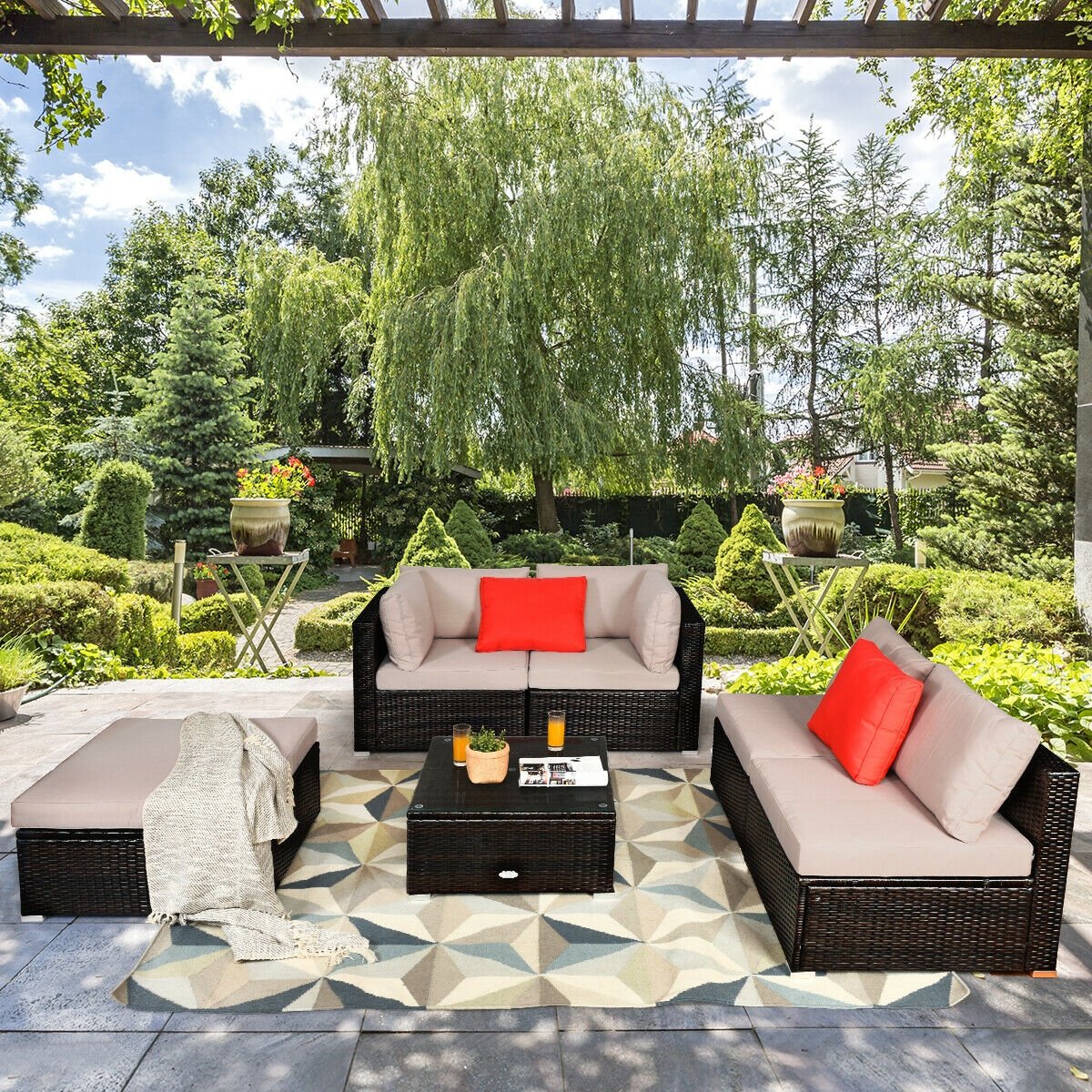 6 Pieces Outdoor Patio Rattan Furniture Set Sofa Ottoman-Coffee