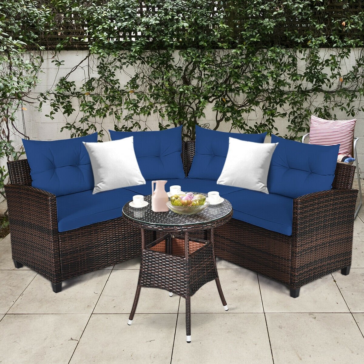 4 Pieces Outdoor Cushioned Rattan Furniture Set-Black