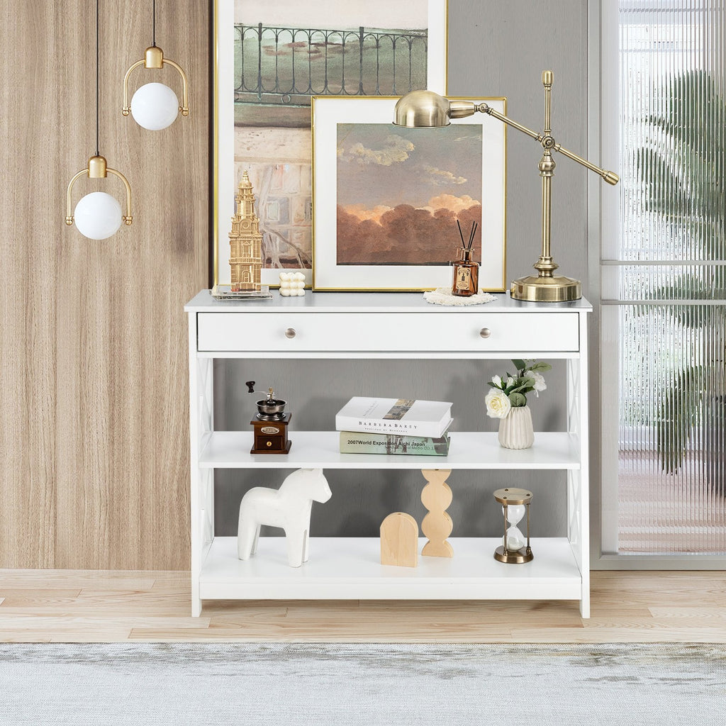 Console Table 3-Tier with Drawer and Storage Shelves-Black
