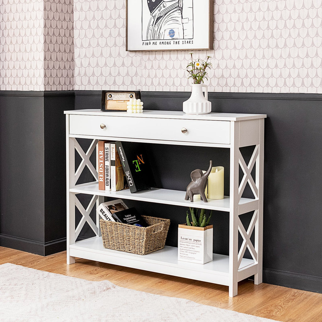 Console Table 3-Tier with Drawer and Storage Shelves-Black