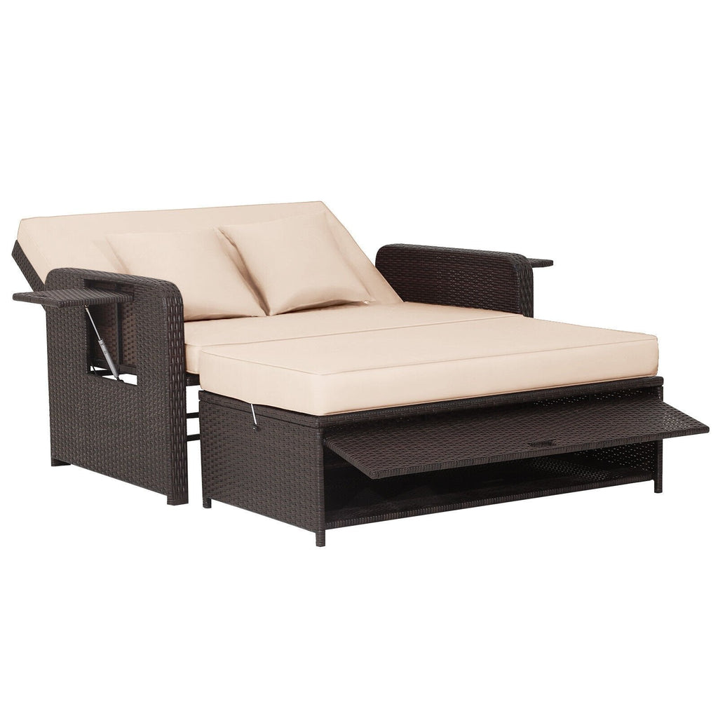Patio Rattan Daybed with 4-Level Adjustable Backrest and Retractable Side Tray-Black