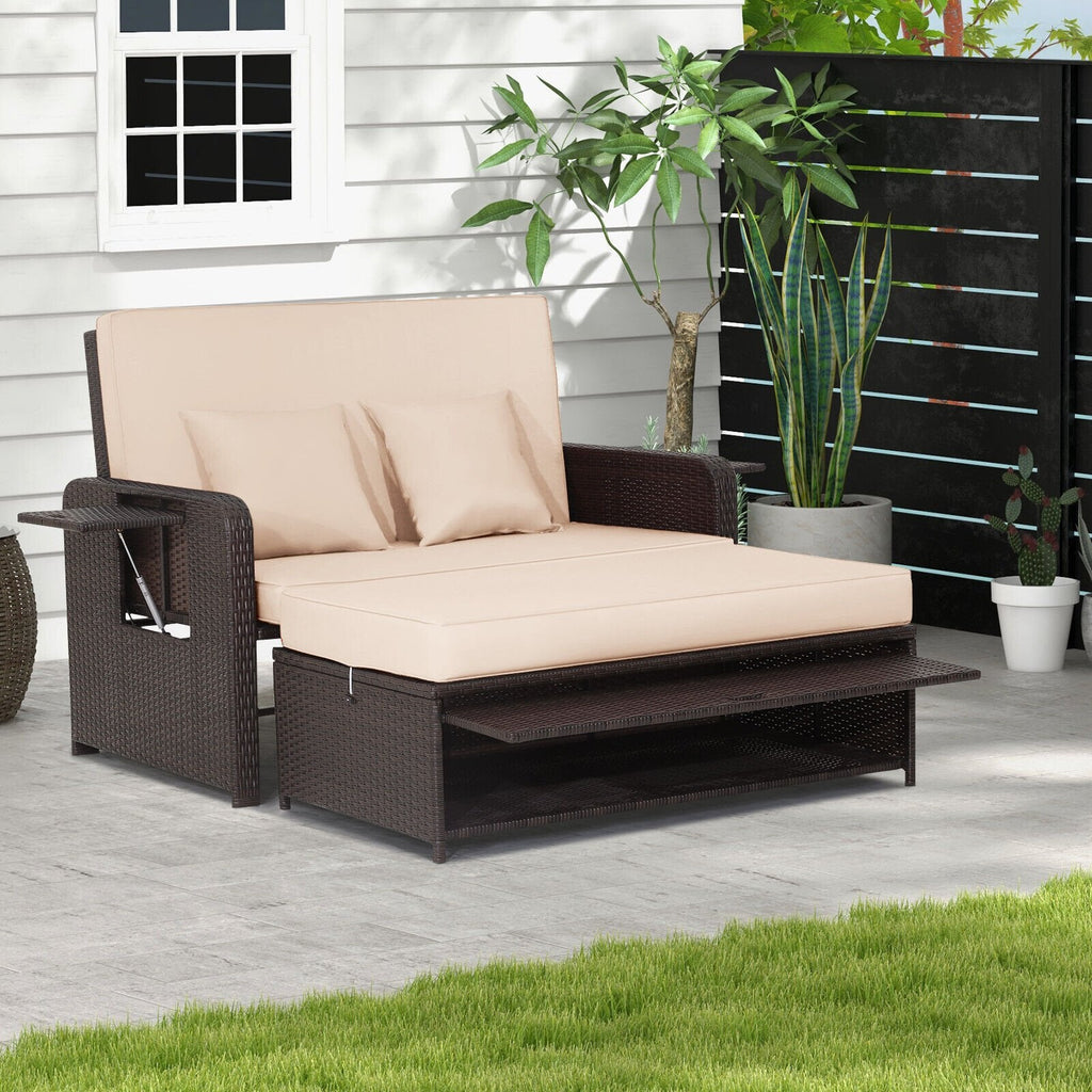 Patio Rattan Daybed with 4-Level Adjustable Backrest and Retractable Side Tray-Black