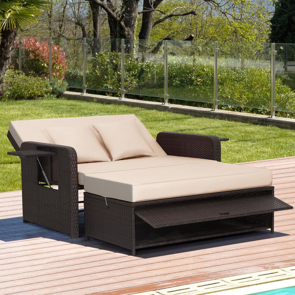 Patio Rattan Daybed with 4-Level Adjustable Backrest and Retractable Side Tray-Black