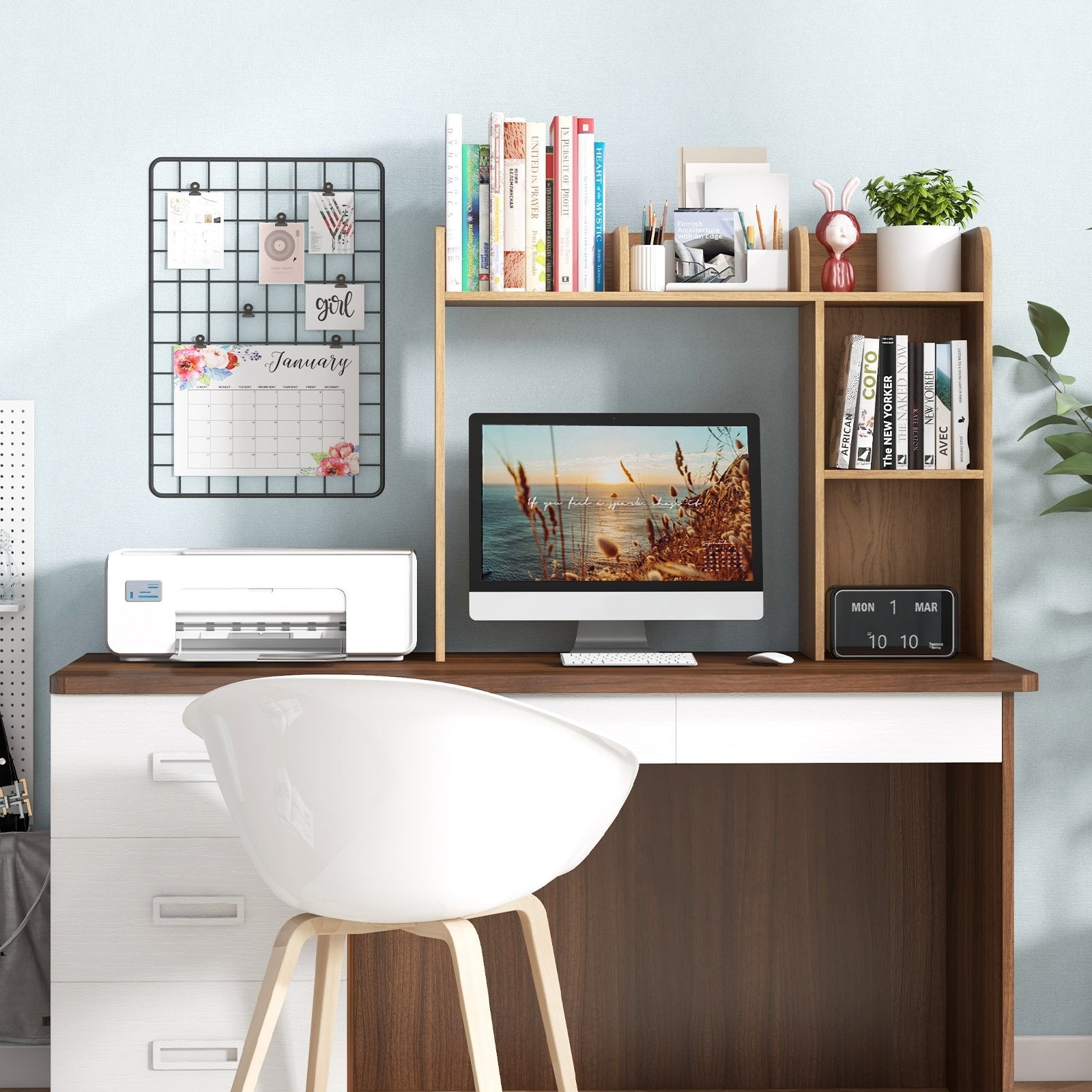 3-Tier Multipurpose Desk Bookshelf with 4 Shelves-Beige