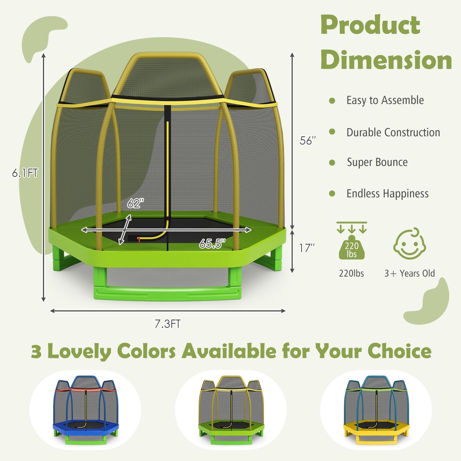7 Ft Kids Trampoline W/ Safety Enclosure Net-Blue