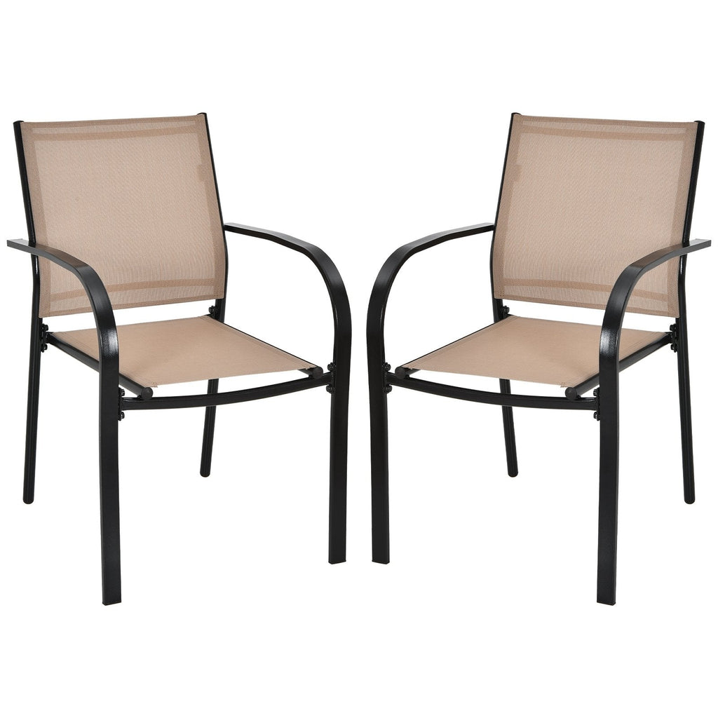 Set of 2 Patio Stackable Dining Chairs with Armrests Garden Deck-Brown
