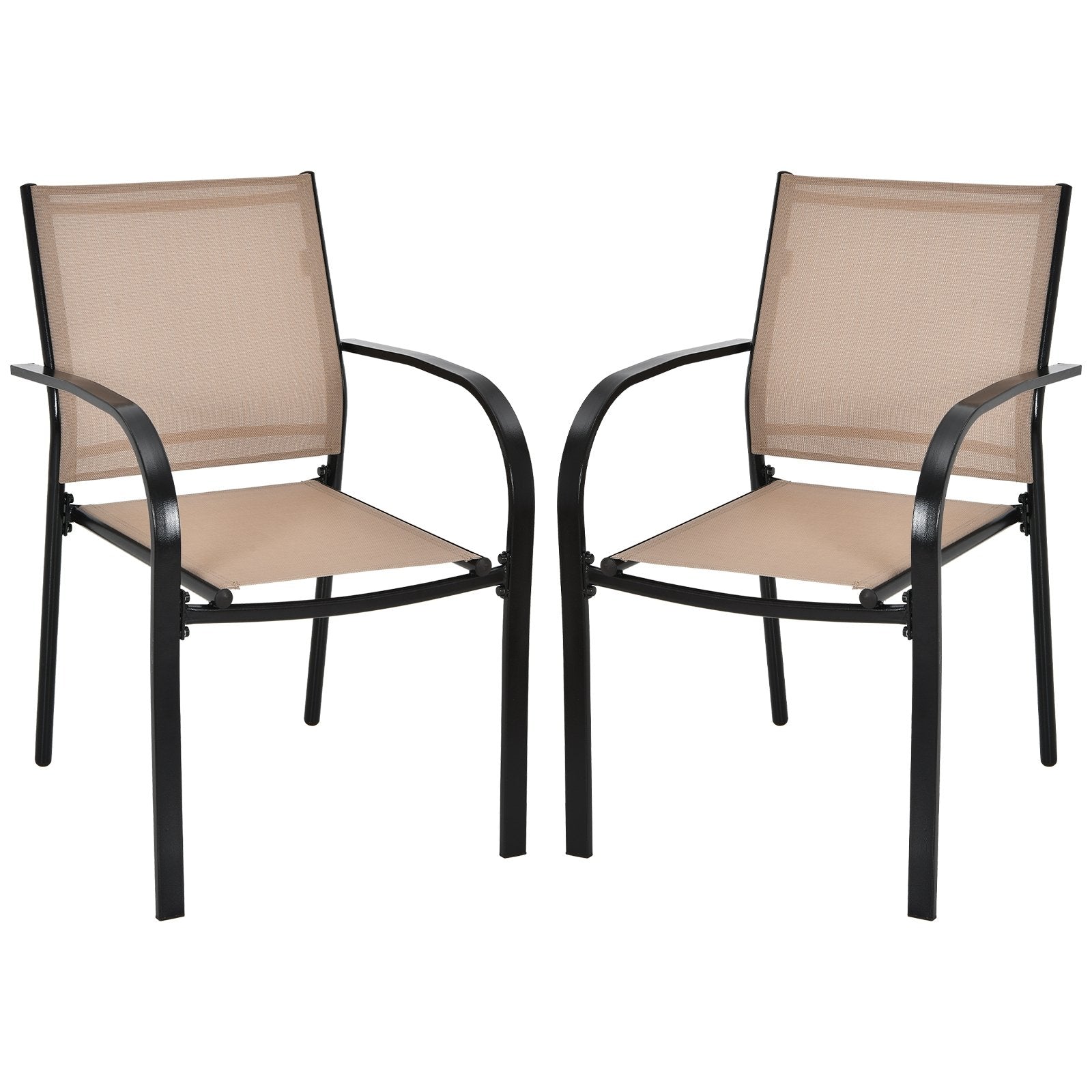 Set of 2 Patio Stackable Dining Chairs with Armrests Garden Deck-Brown