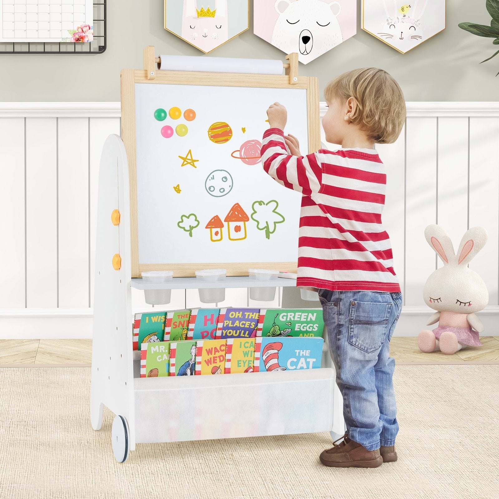 4-in-1 Toddler Activity Table Set with Magnetic Whiteboard and Chalk Board-Gray