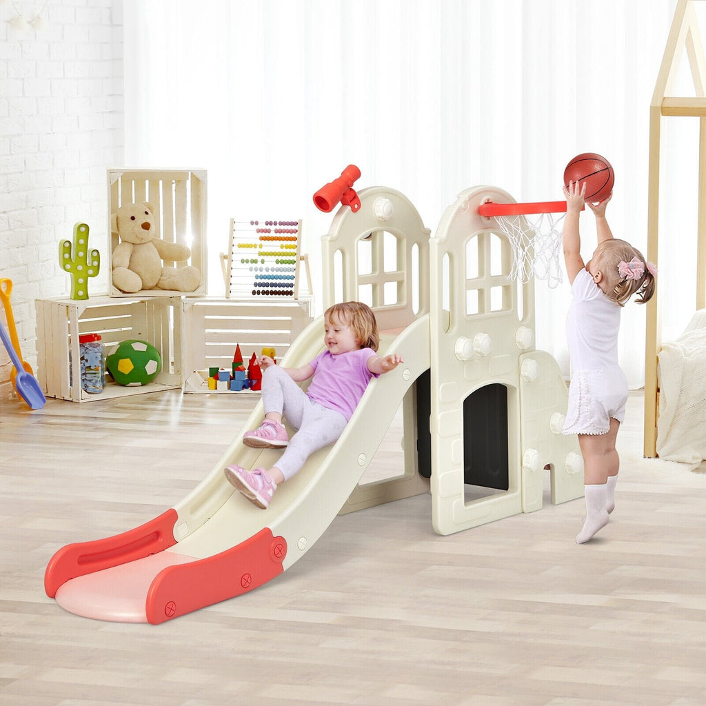6-In-1 Large Slide for Kids Toddler Climber Slide Playset with Basketball Hoop-Blue