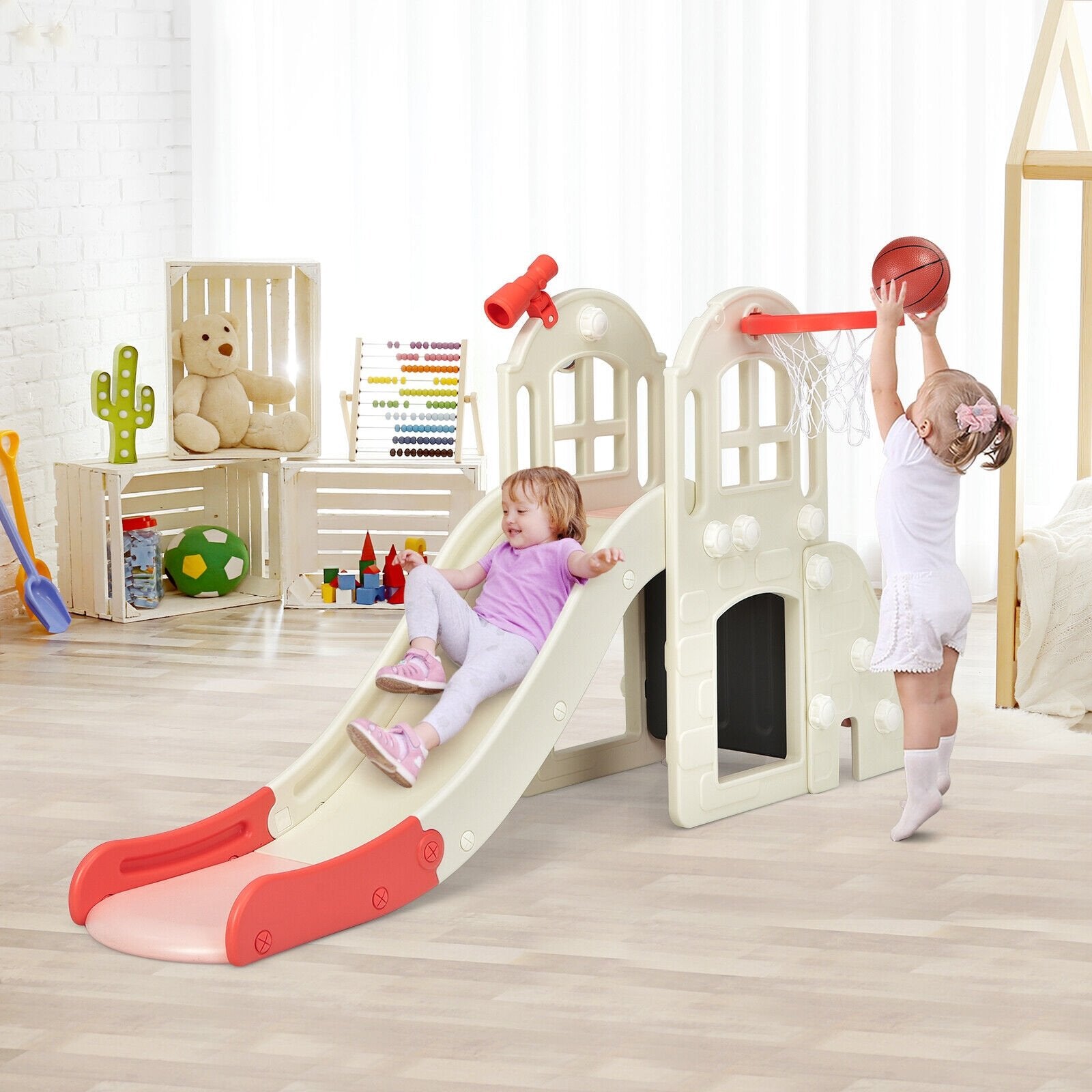 6-In-1 Large Slide for Kids Toddler Climber Slide Playset with Basketball Hoop-Blue