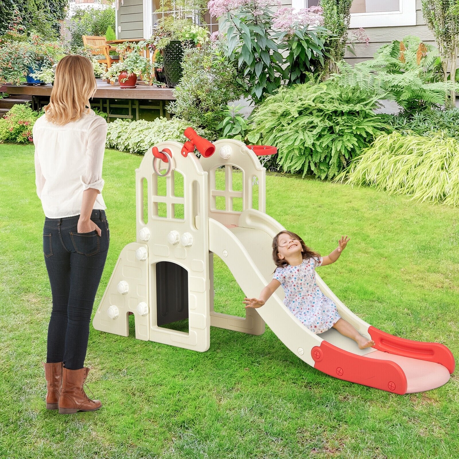 6-In-1 Large Slide for Kids Toddler Climber Slide Playset with Basketball Hoop-Blue