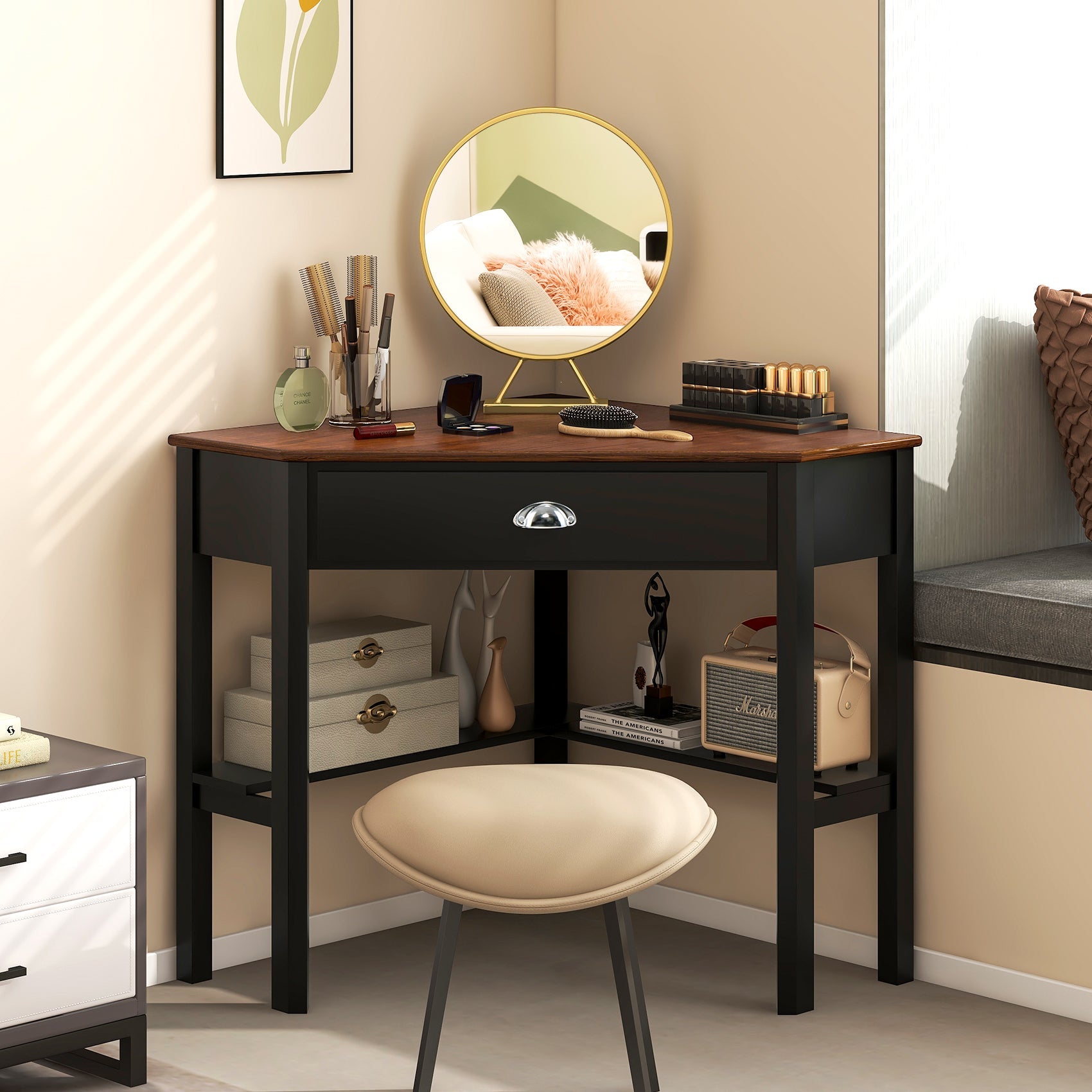 Corner Wooden Piece Laptop Computer Desk-Black