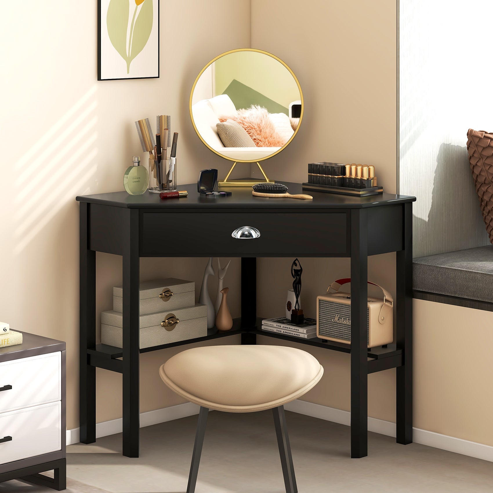 Corner Wooden Piece Laptop Computer Desk-Black