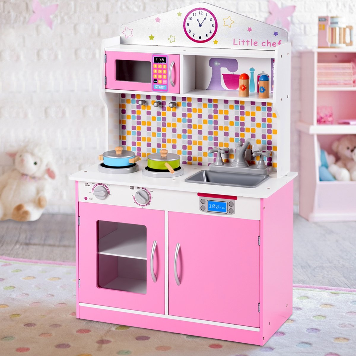 Kids Wooden Pretend Cooking Playset Cookware Kitchen-Beige