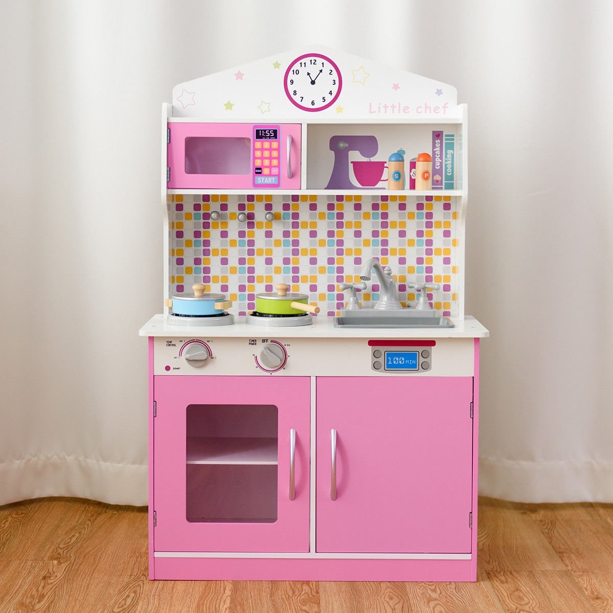Kids Wooden Pretend Cooking Playset Cookware Kitchen-Beige