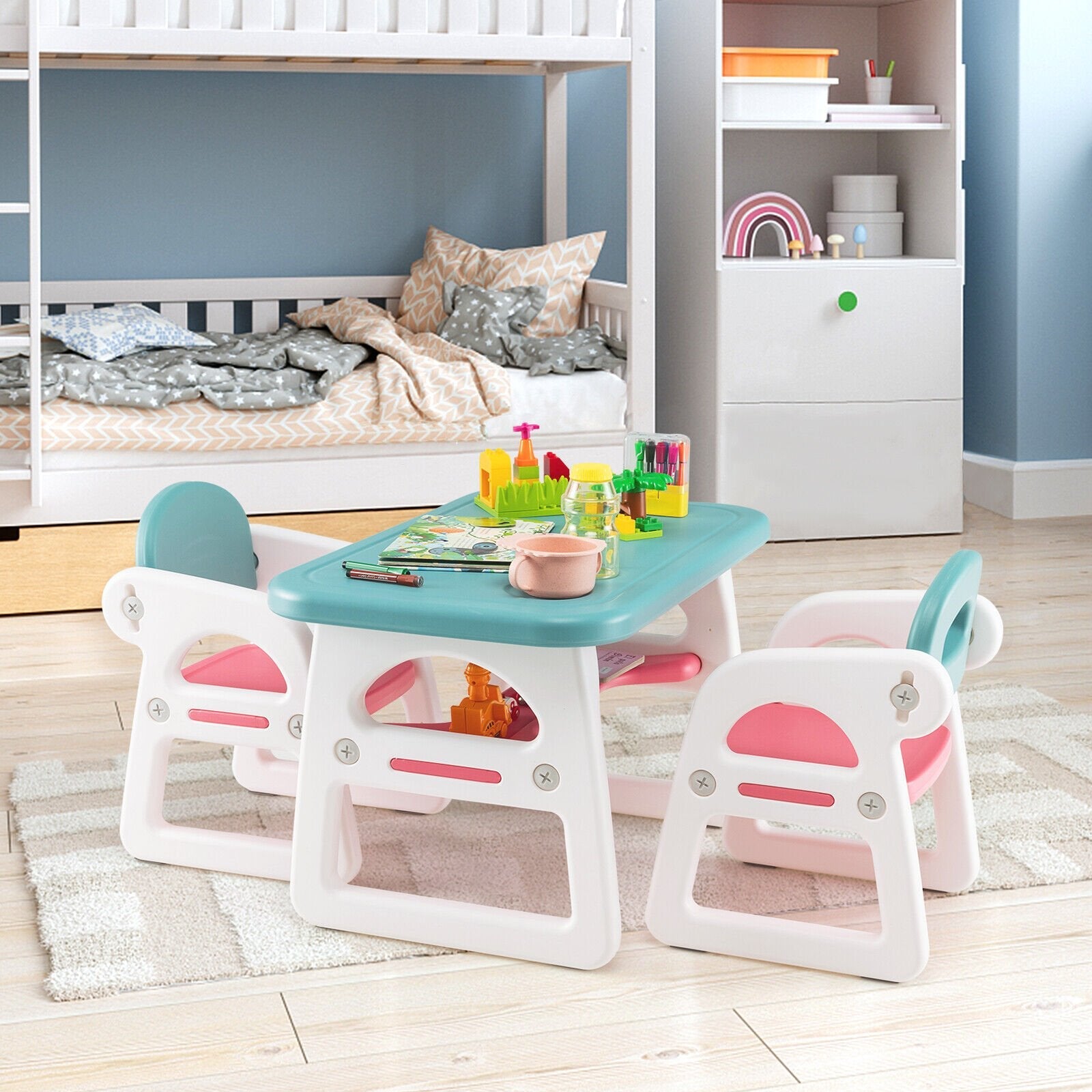 Kids Table and Chair Set with Building Blocks-Gray
