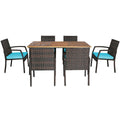 7Pcs Patio Rattan Cushioned Dining Set with Umbrella Hole-Navy