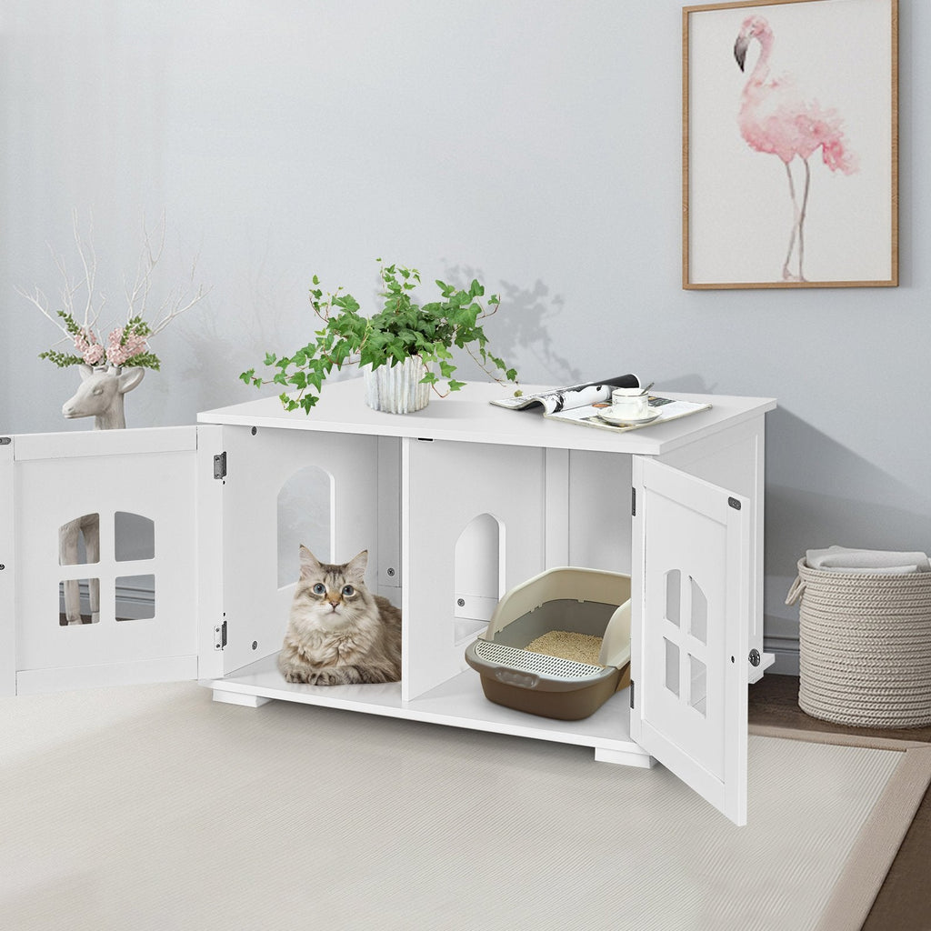 Large Wooden Cat Litter Box Enclosure Hidden Cat Washroom with Divider-Brown