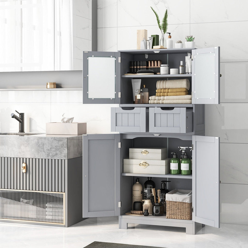 4 Door Freestanding Bathroom Floor Storage Cabinet with 2 Drawers and Glass Doors-Black