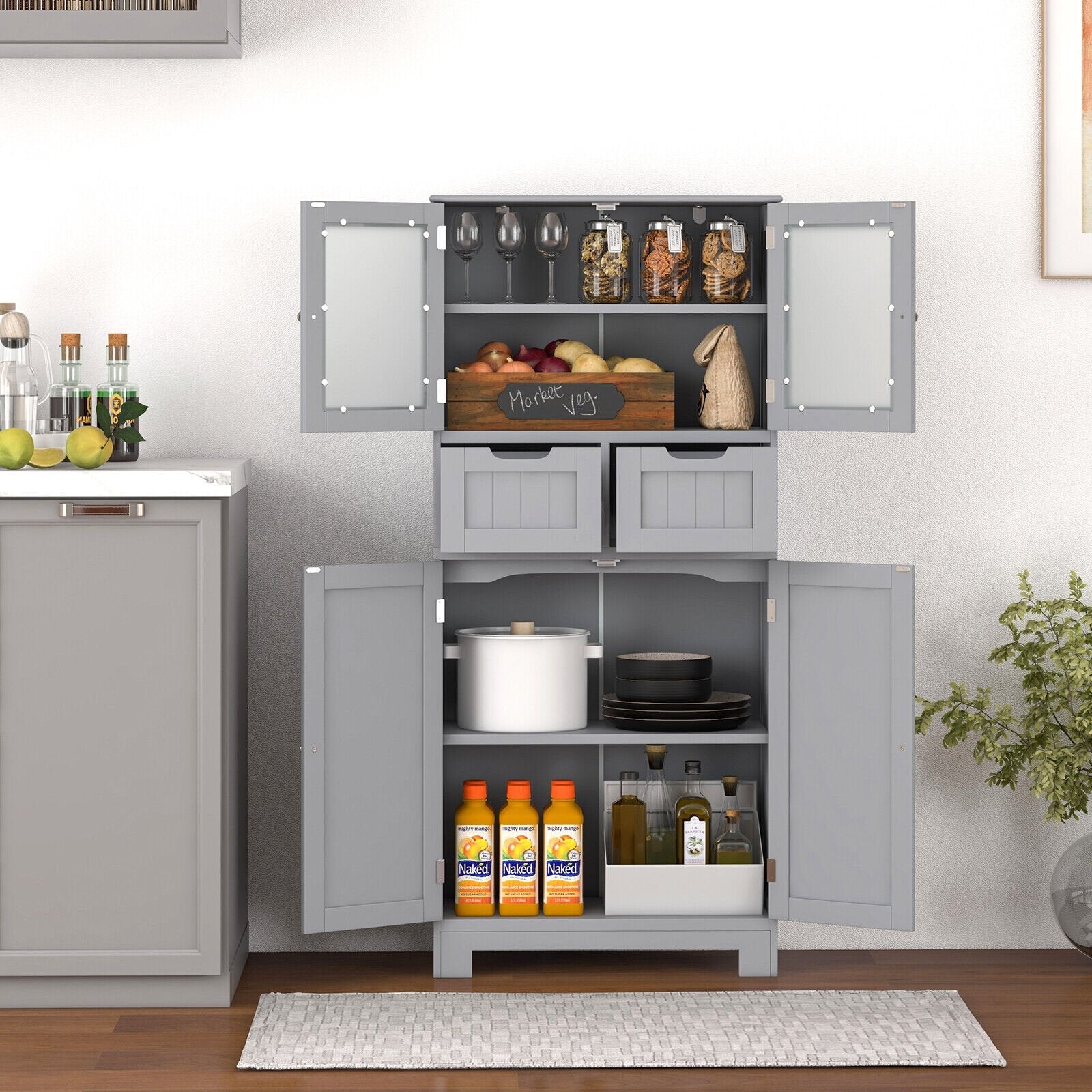 4 Door Freestanding Bathroom Floor Storage Cabinet with 2 Drawers and Glass Doors-Black