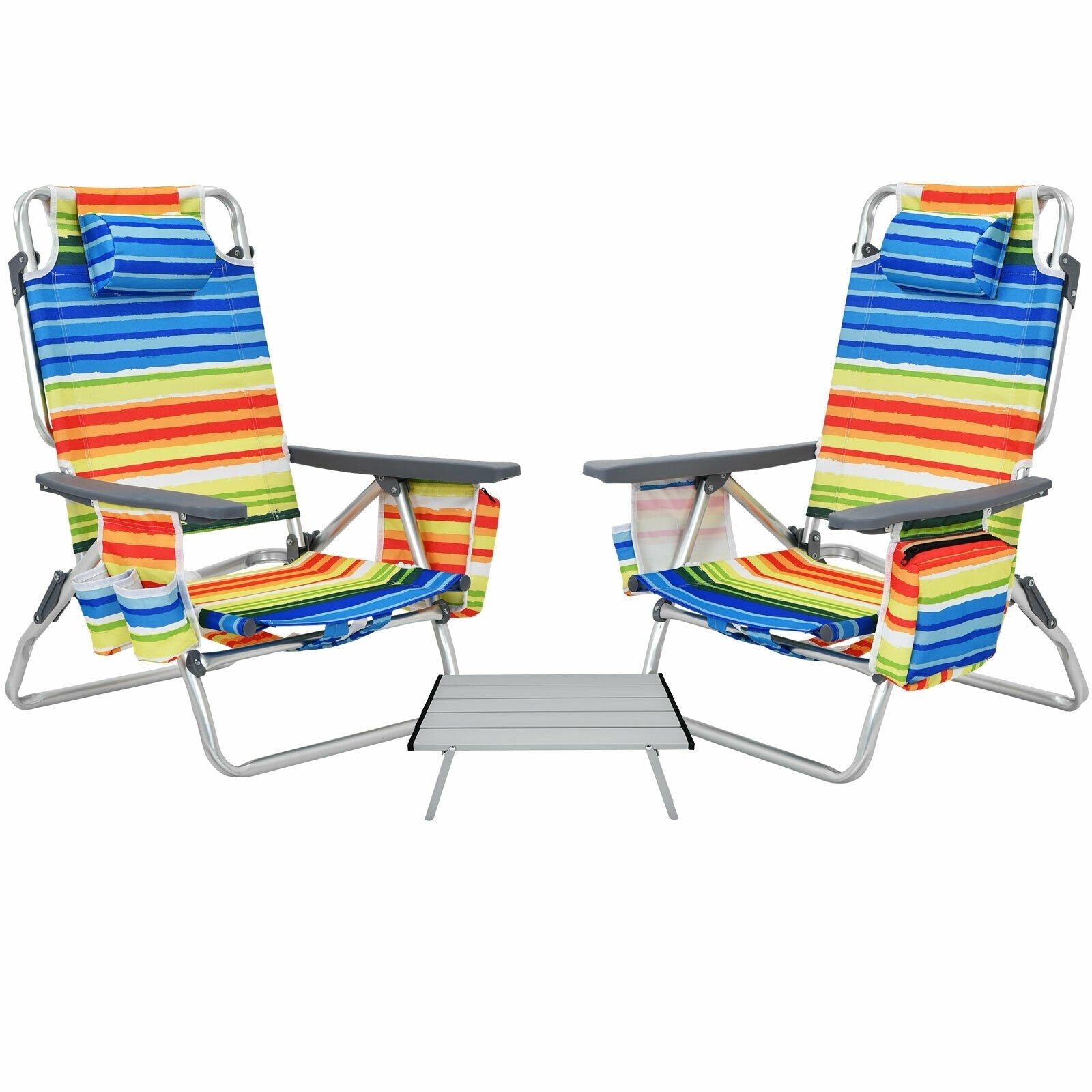 2 Packs 5-Position Outdoor Folding Backpack Beach Table Chair Reclining Chair Set-Blue