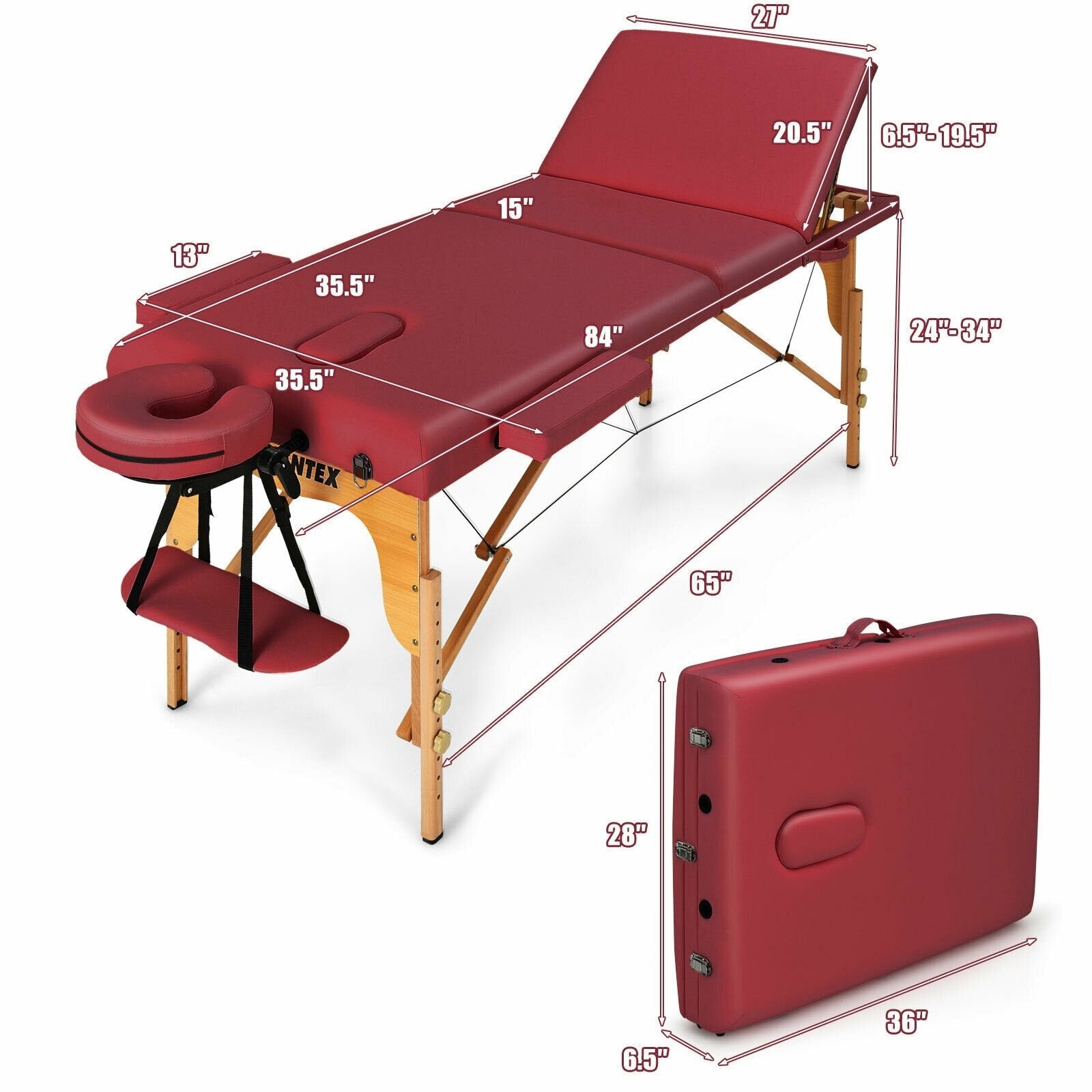 3 Fold Portable Adjustable Massage Table with Carry Case-Black