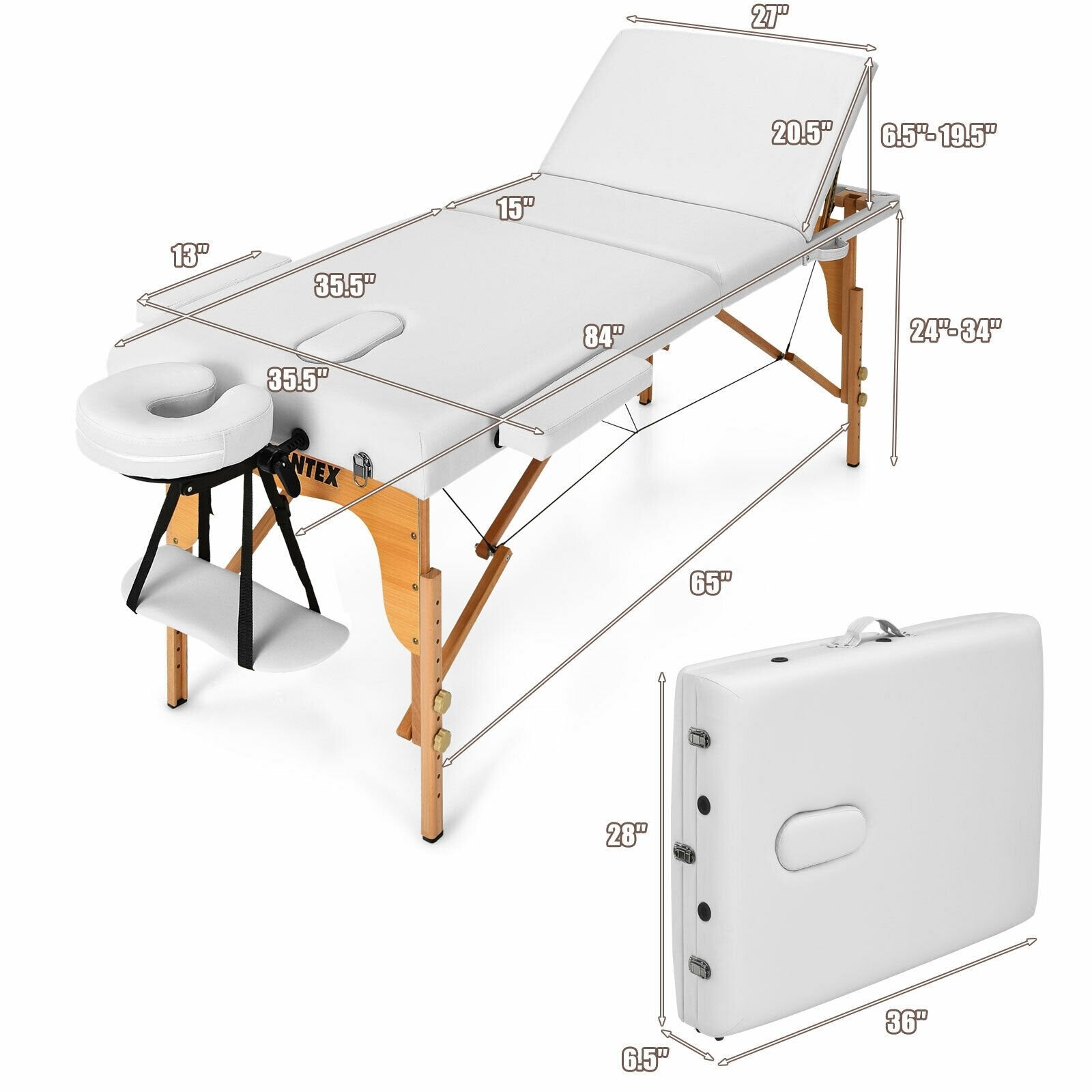 3 Fold Portable Adjustable Massage Table with Carry Case-Black