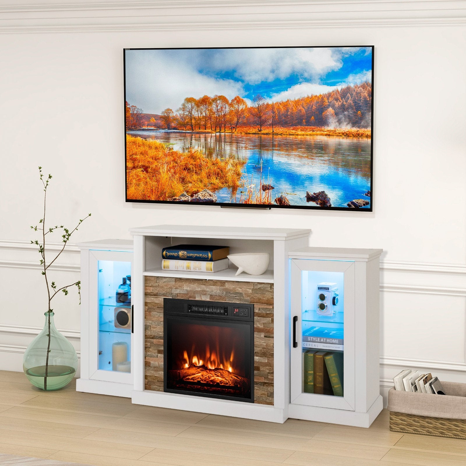 Fireplace TV Stand with 16-Color Led Lights for TVs up to 65 Inch-Black