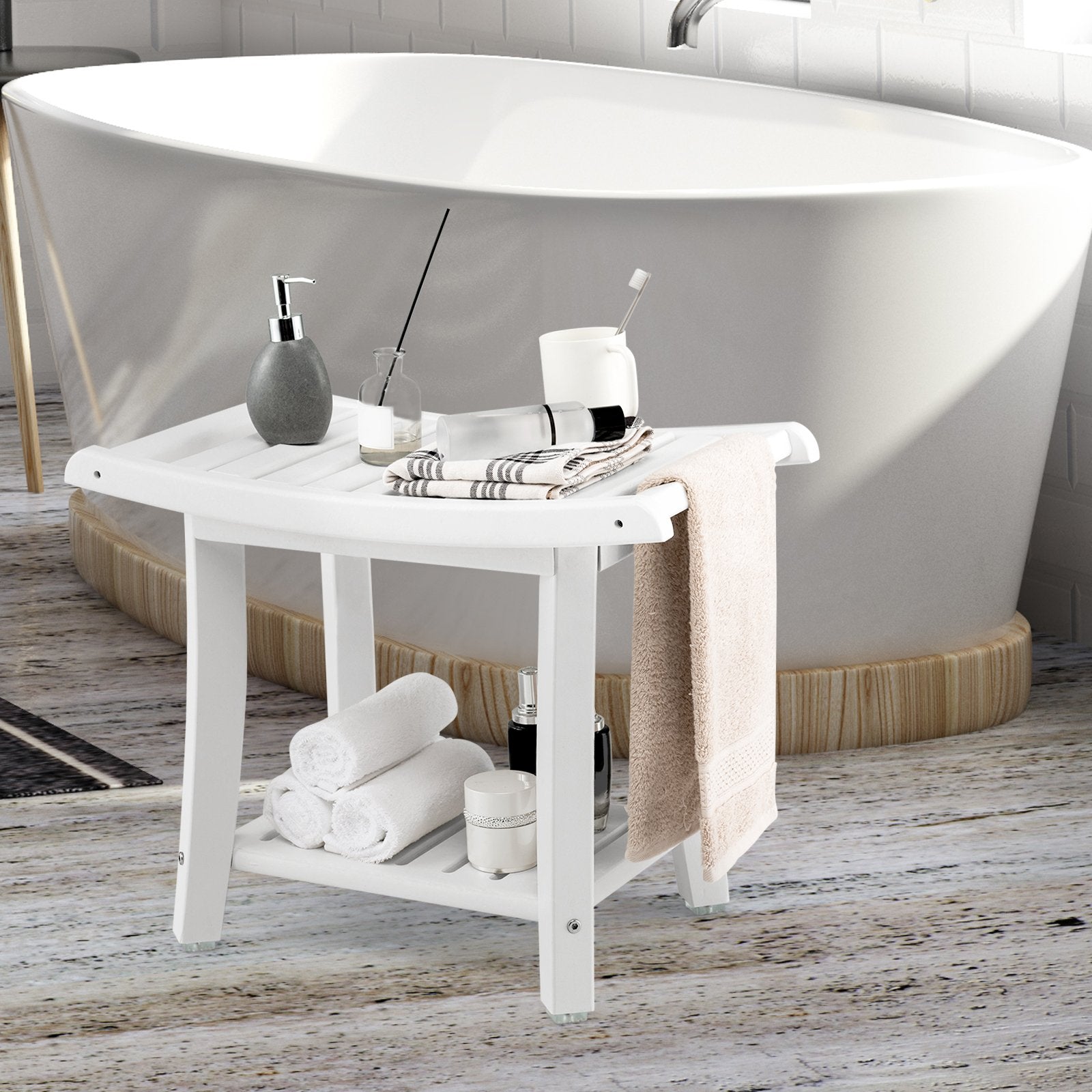 Waterproof Bath Stool with Curved Seat and Storage Shelf-Brown
