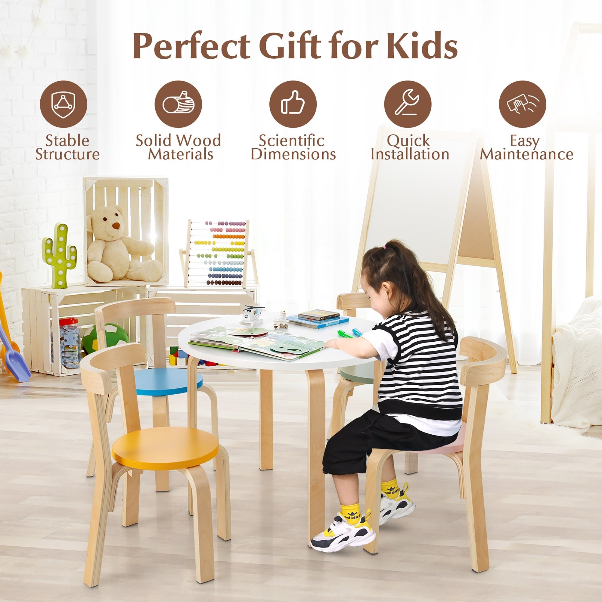 5-Piece Kids Wooden Curved Back Activity Table and Chair Set with Toy Bricks-Gray