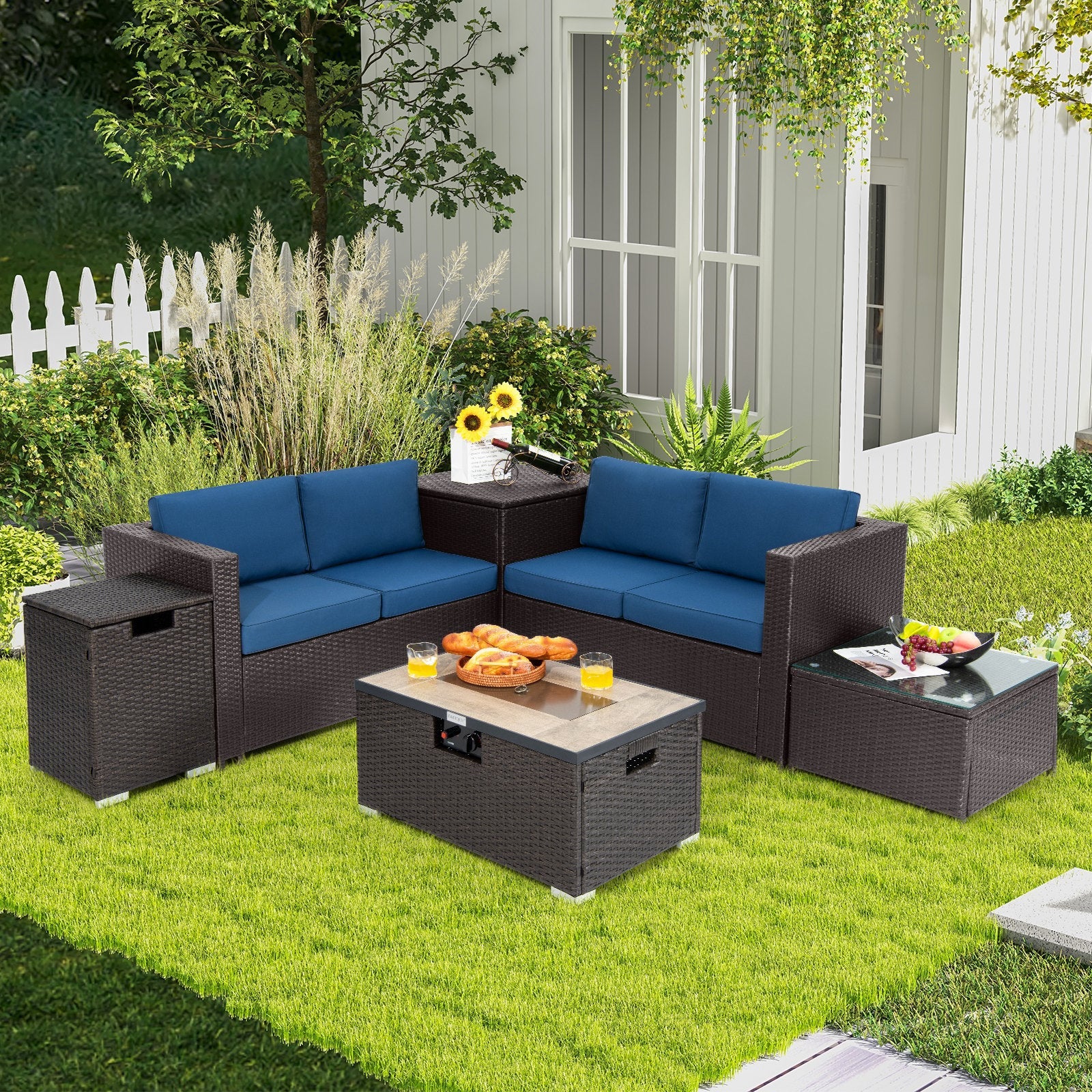 6 Pieces Outdoor Wicker Furniture Set with 32 Inch Propane Fire Pit Table-Beige