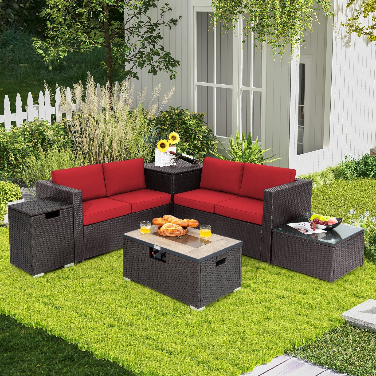 6 Pieces Outdoor Wicker Furniture Set with 32 Inch Propane Fire Pit Table-Beige