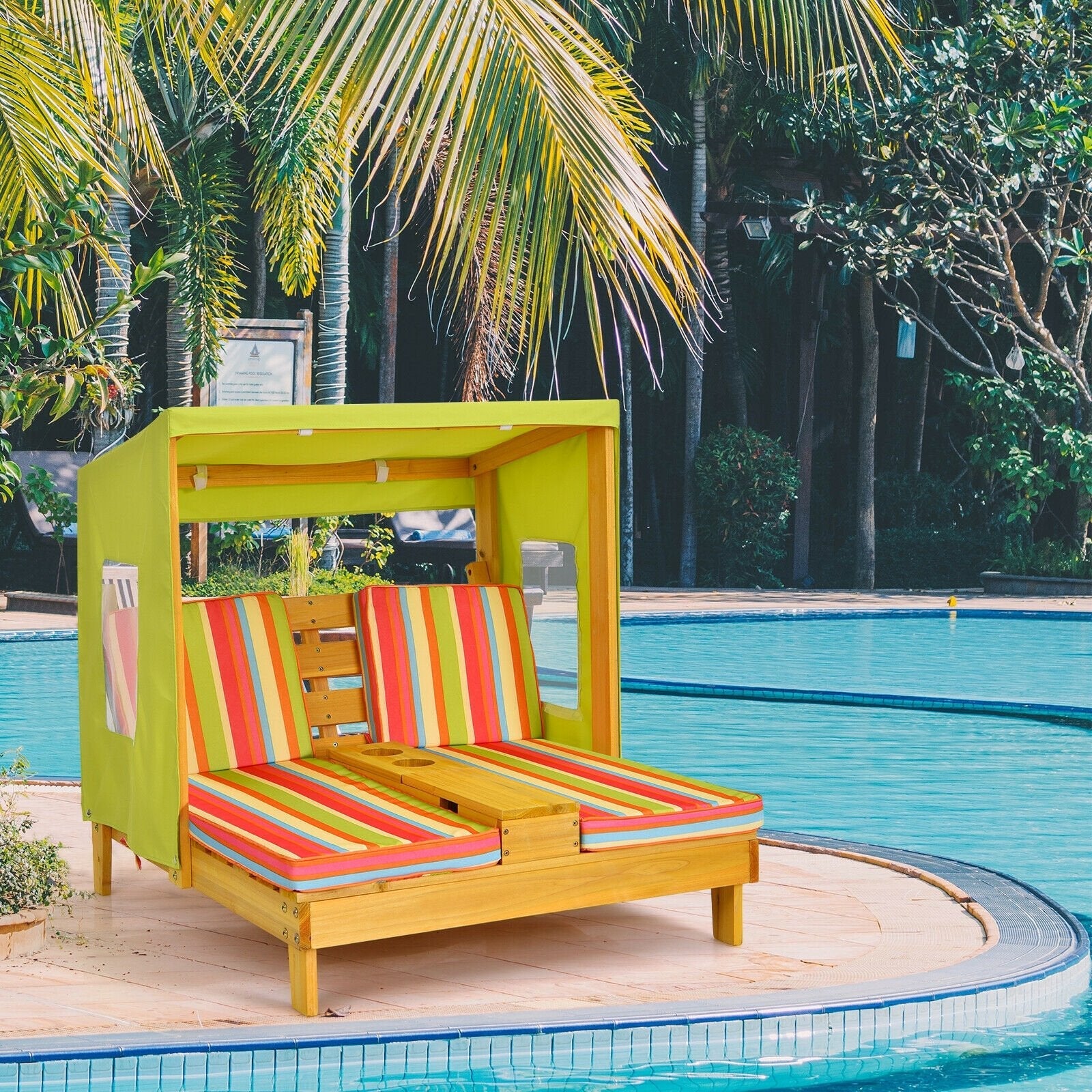 Kids Patio Lounge Chair with Cup Holders and Awning-Brown