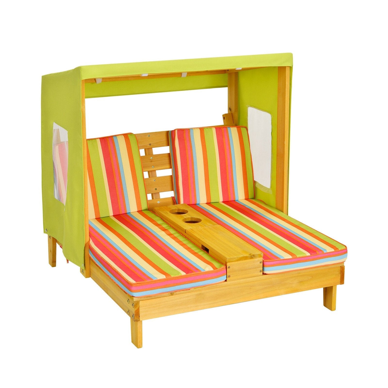 Kids Patio Lounge Chair with Cup Holders and Awning-Brown