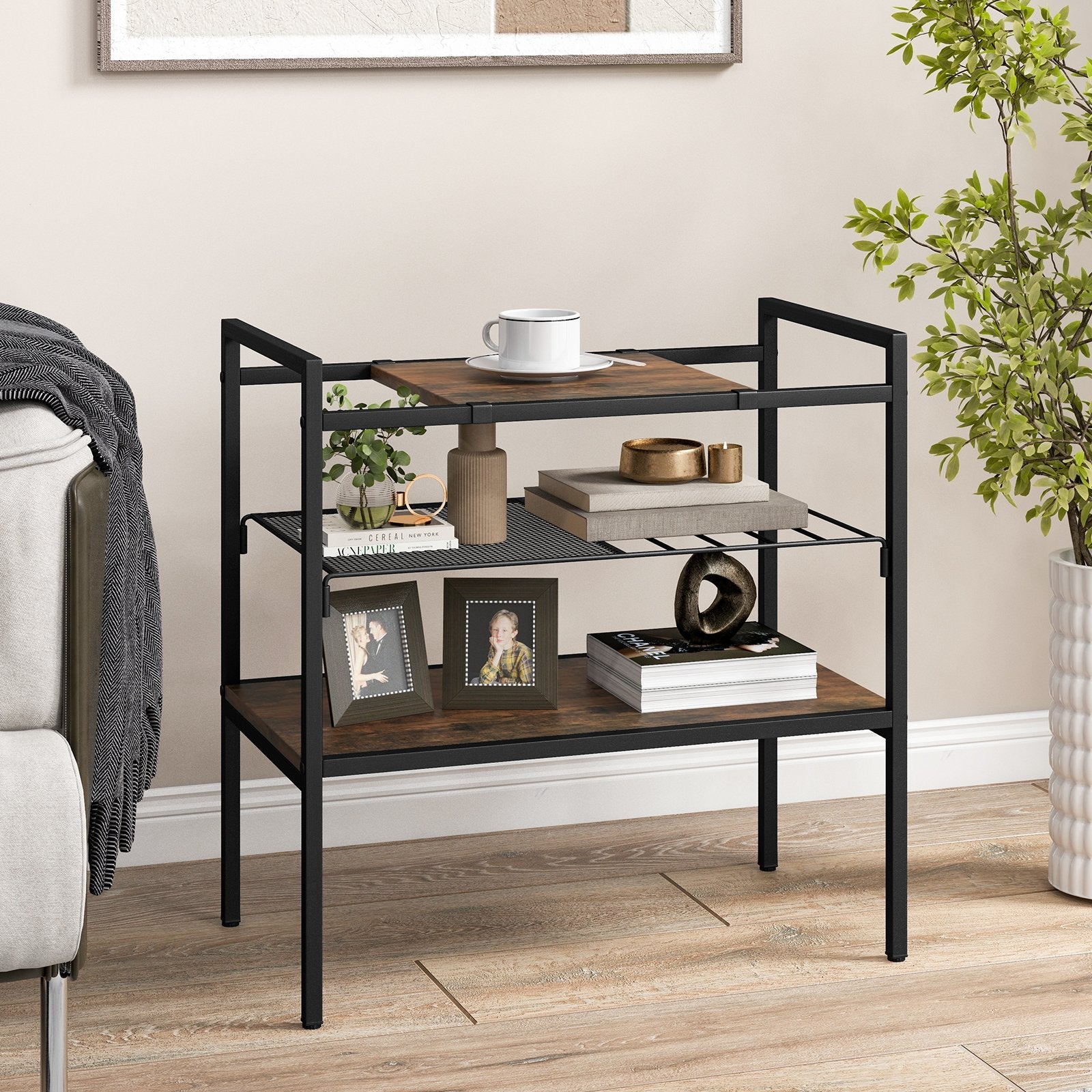 Industrial Entryway Table with Removable Panel and Mesh Shelf-Rustic Brown