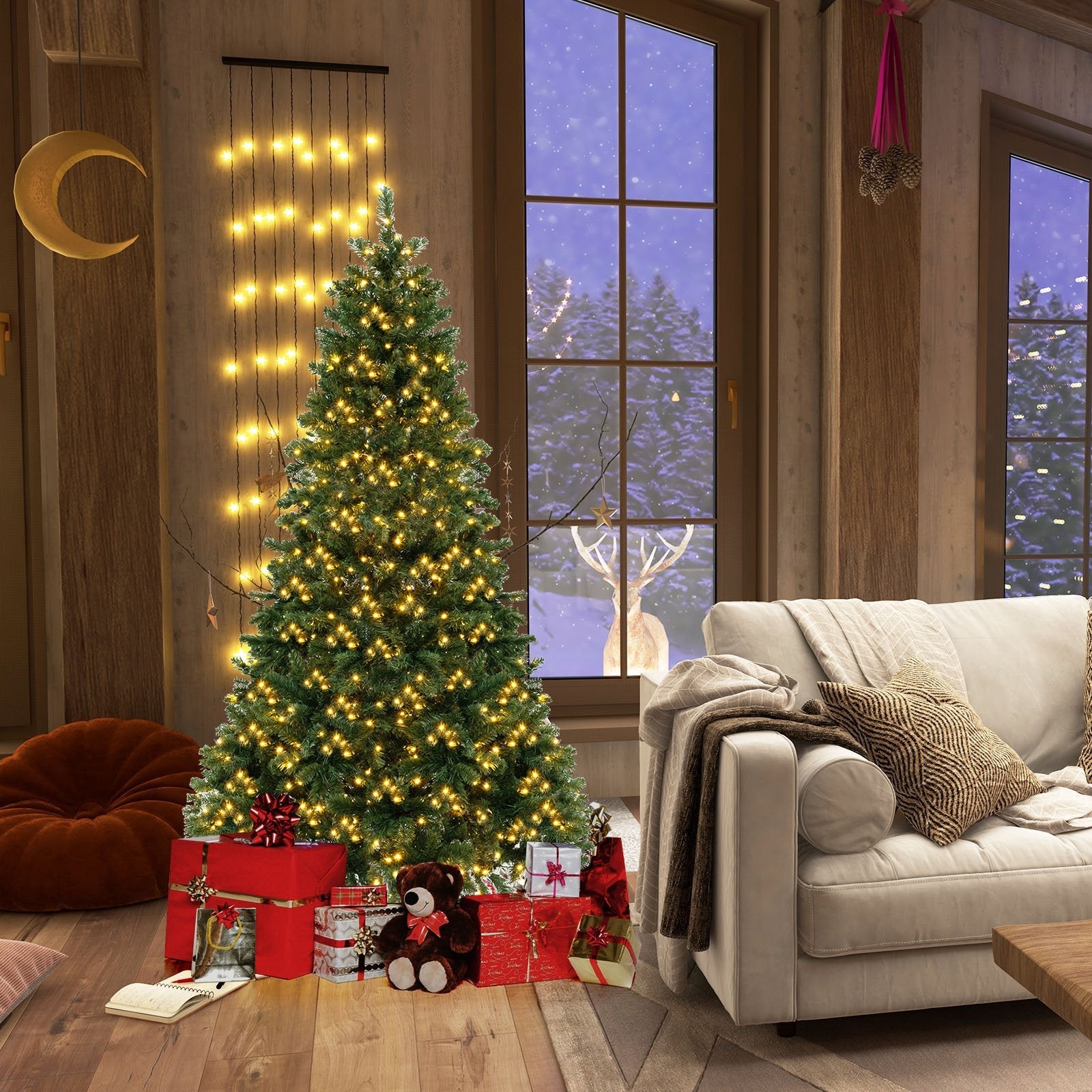 6/7/8 Feet Hinged Christmas Tree with PVC Branch Tips Warm White LED Lights-7 ft
