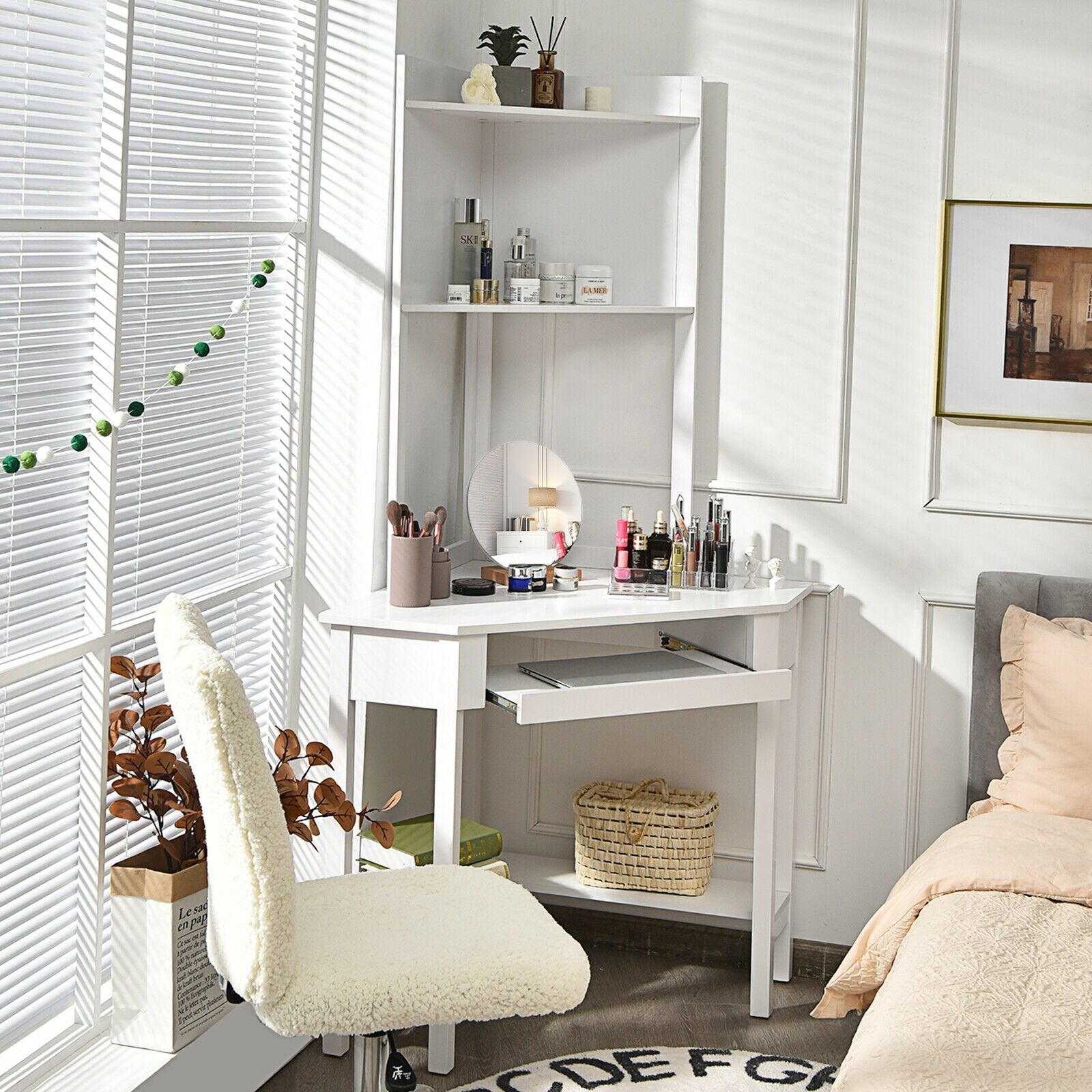 Corner Computer Desk with Hutch and Storage Shelves-Black