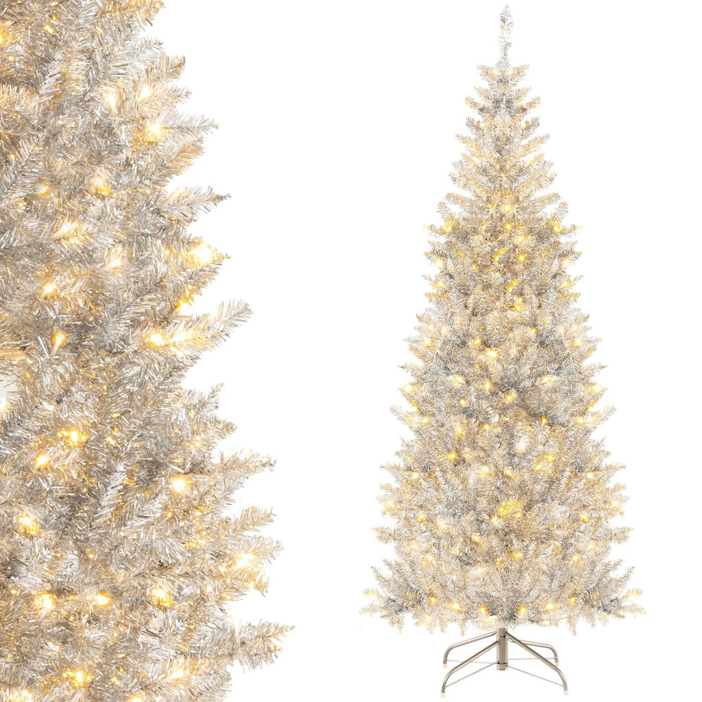 6/7 FT Pre-Lit Artificial Silver Tinsel Xmas Tree with 790 Branch Tips and 300 LED Lights-7 ft