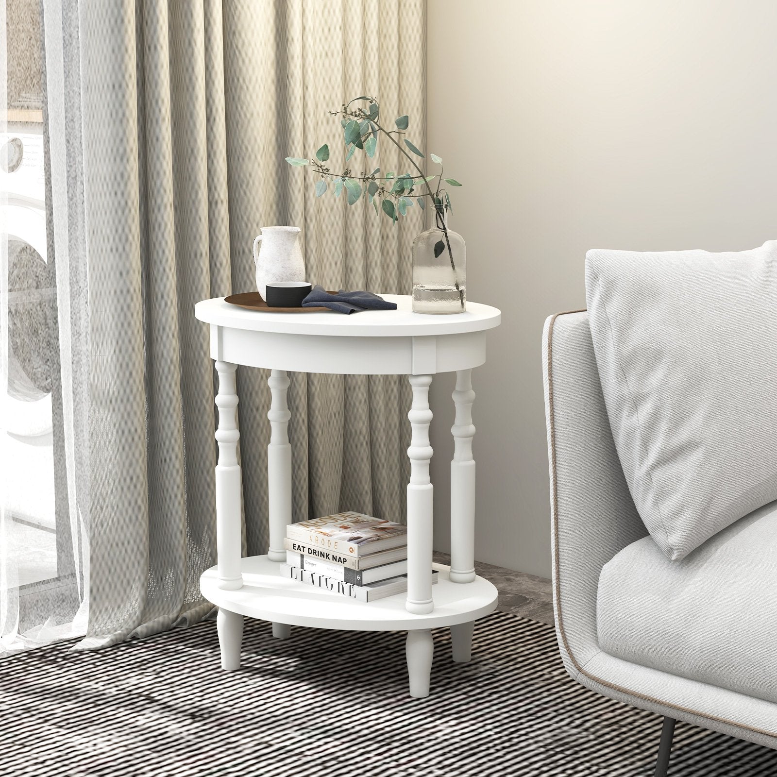 2-Tier Oval Side Table with Storage Shelf and Solid Wood Legs-Espresso