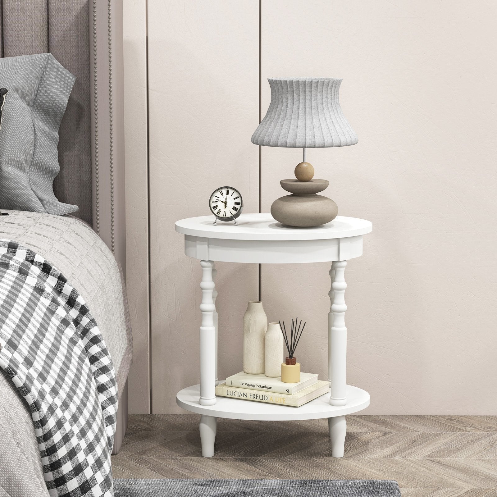 2-Tier Oval Side Table with Storage Shelf and Solid Wood Legs-Espresso