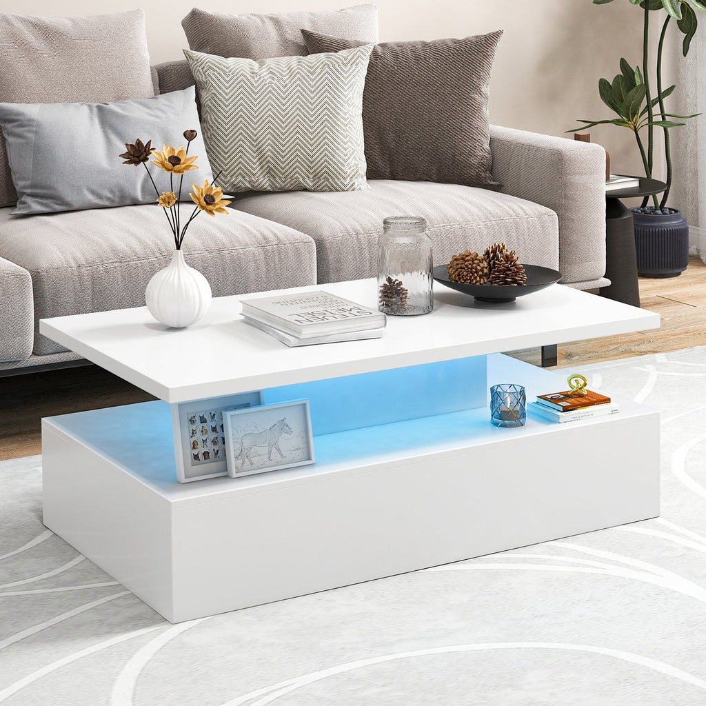Modern 2-tier High Glossy Table with Adjustable Light Colors for Living Room-Black