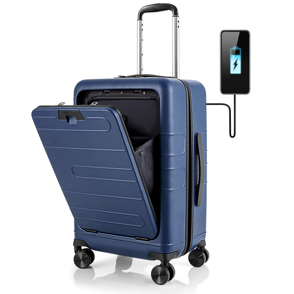 20 Inch Carry-on Luggage PC Hardside Suitcase TSA Lock with Front Pocket and USB Port-Black