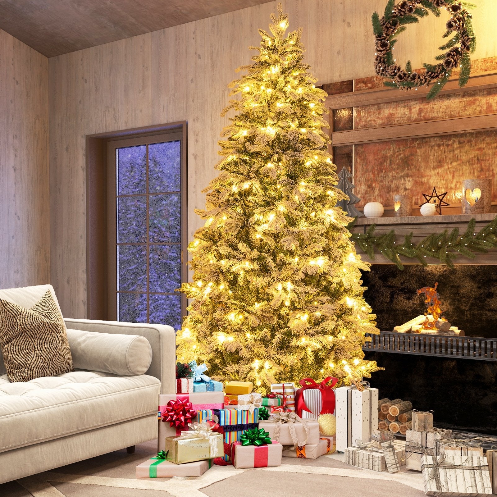 4.5/6/7 Feet Flocked Christmas Tree with Warm White LED Lights-7 ft